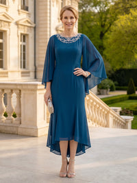 Chiffon Round Neck 3/4 Sleeves A Line Tea Mother of the Bride Dresses