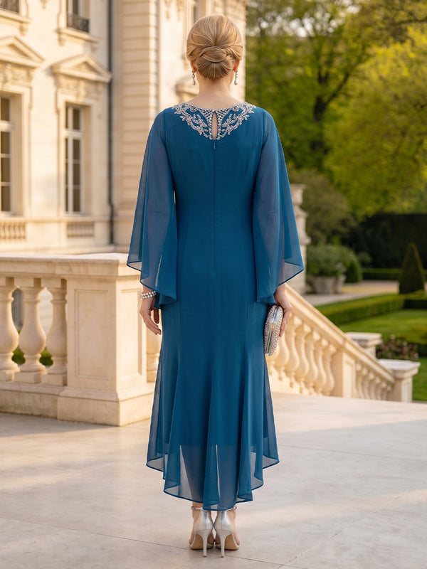 Chiffon Round Neck 3/4 Sleeves A Line Tea Mother of the Bride Dresses