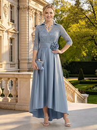 Lace Appliques A Line V Neck 3/4 Sleeves Long Mother of the Bride Dresses