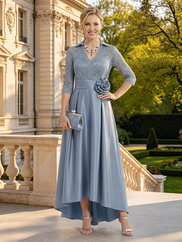 Lace Appliques A Line V Neck 3/4 Sleeves Long Mother of the Bride Dresses