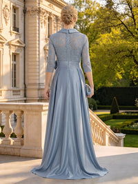 Lace Appliques A Line V Neck 3/4 Sleeves Long Mother of the Bride Dresses