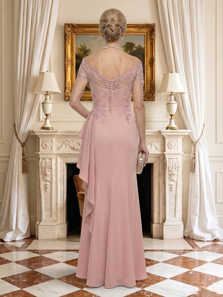 Lace Appliques Off Shoulder Strapless Long Mother of the Bride Dresses with Ruffles