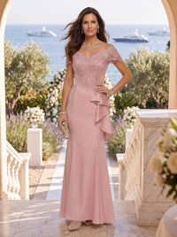 Lace Appliques Off Shoulder Strapless Long Mother of the Bride Dresses with Ruffles