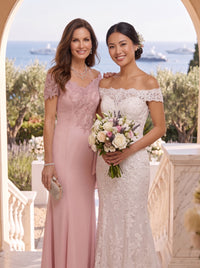 Lace Appliques Off Shoulder Strapless Long Mother of the Bride Dresses with Ruffles