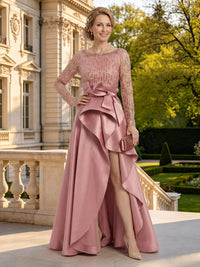 Satin Round Neck Long Sleeves A Line Mother of the Bride Dresses