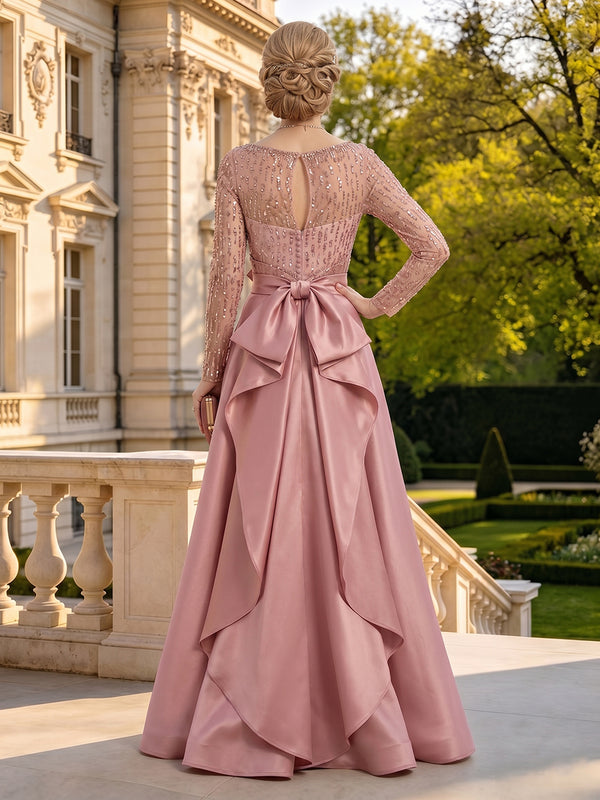 Satin Round Neck Long Sleeves A Line Mother of the Bride Dresses