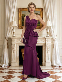 A Line Satin One Shoulder Long Mother of the Bride Dresses with Bow
