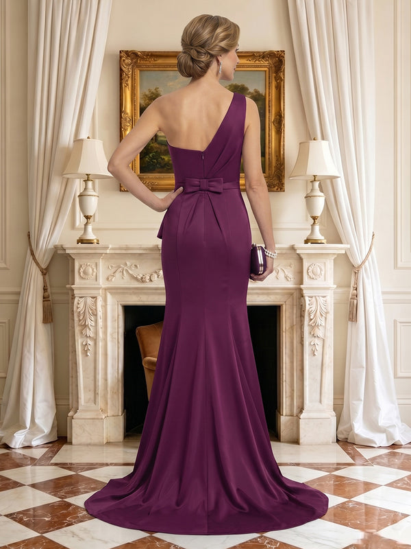 A Line Satin One Shoulder Long Mother of the Bride Dresses with Bow
