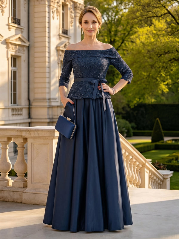 Satin A Line Off Shoulder Strapless Long Mother of the Bride Dresses