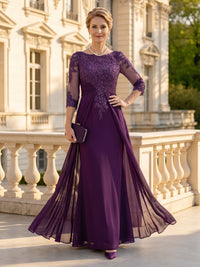 Chiffon Round Neck Long Sleeves Mother of the Bride Dresses with Pleated