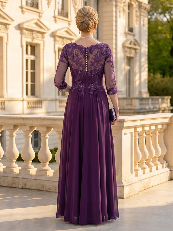 Chiffon Round Neck Long Sleeves Mother of the Bride Dresses with Pleated