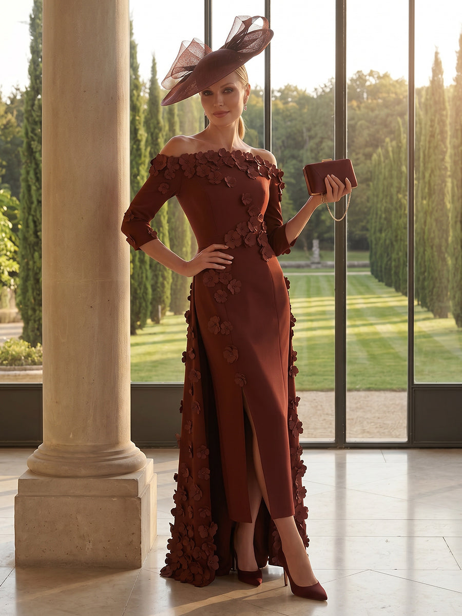 Satin Mermaid Long Sleeves Long Mother of the Bride Dresses with 3D Flowers