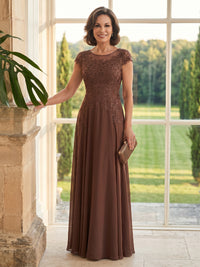 Chiffon A Line Short Sleeves Long Mother of the Bride Dresses with Lace Appliques