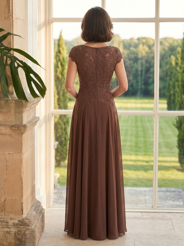 Chiffon A Line Short Sleeves Long Mother of the Bride Dresses with Lace Appliques
