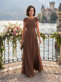 Chiffon A Line Short Sleeves Long Mother of the Bride Dresses with Lace Appliques