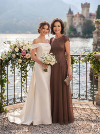 Chiffon A Line Short Sleeves Long Mother of the Bride Dresses with Lace Appliques