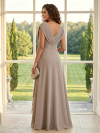 Chiffon A Line V Neck Short Sleeves Long Mother of the Bride Dresses with Pleated