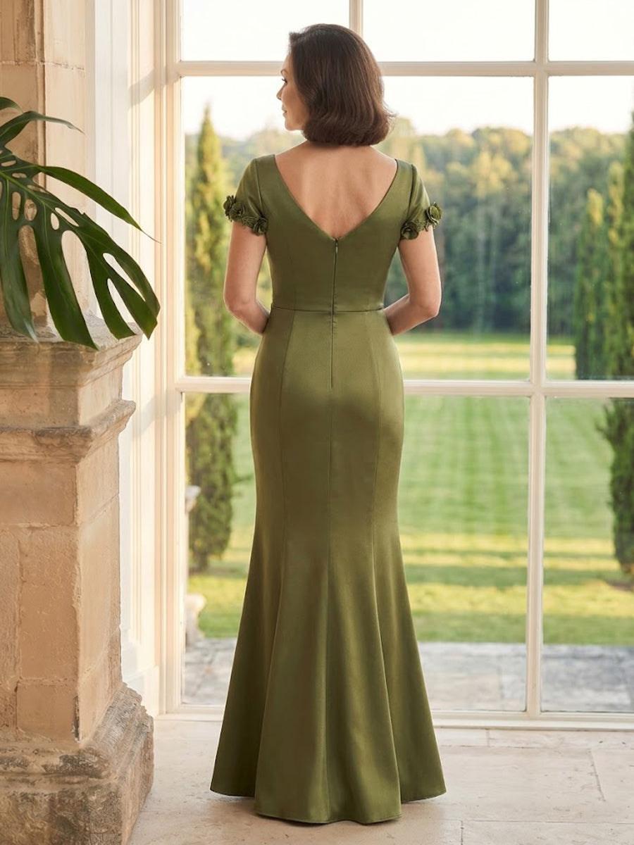 Satin Mermaid Square Neck Short Sleeves Long Mother of the Bride Dresses