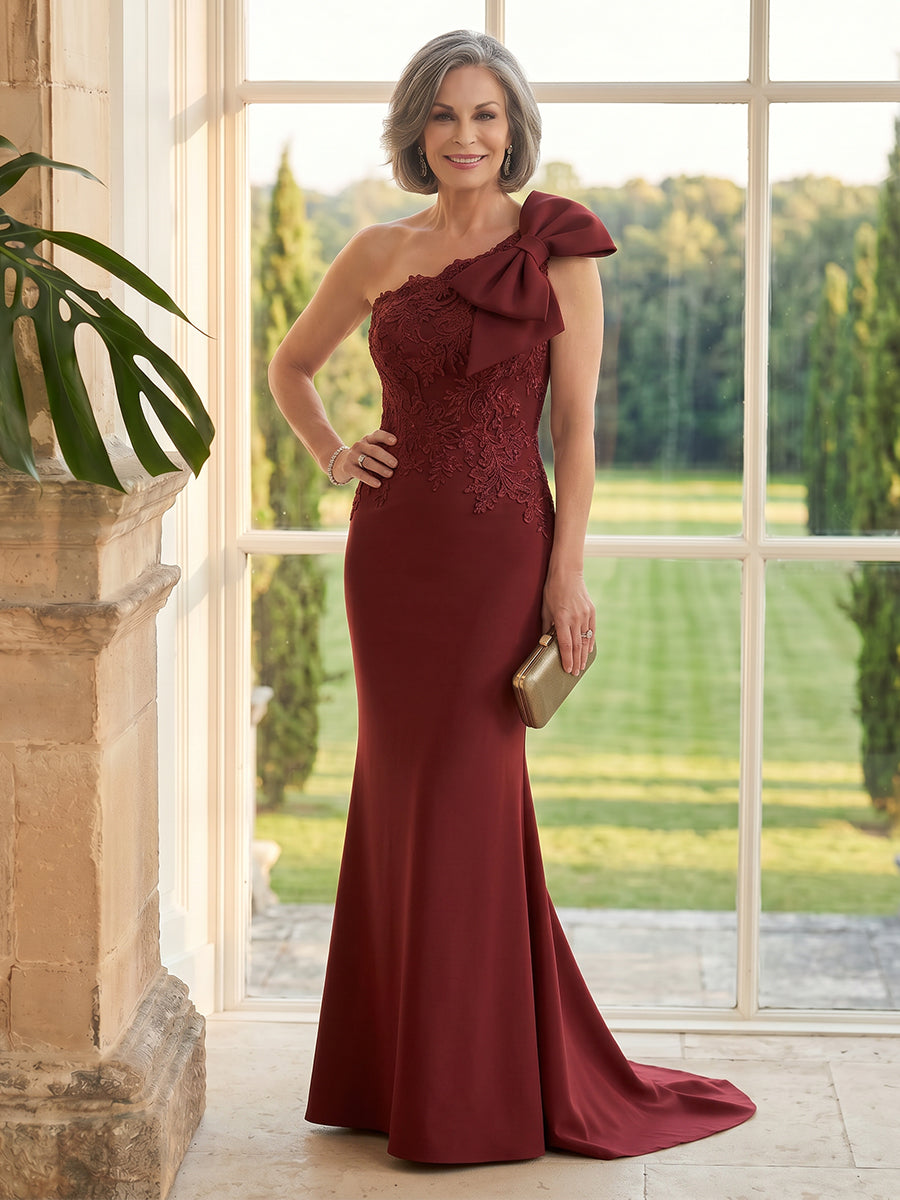 Satin Mermaid One Shoulder Long Mother of the Bride Dresses with Bow
