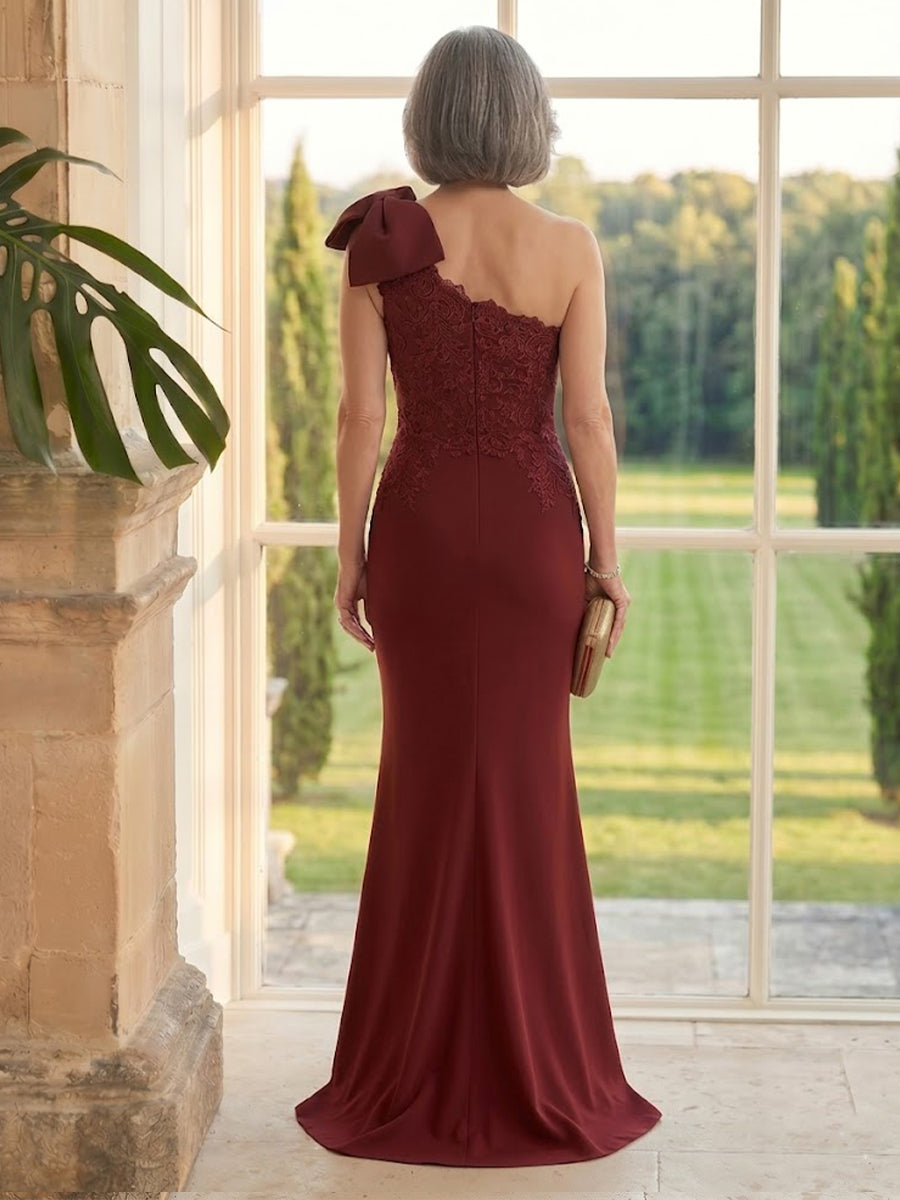 Satin Mermaid One Shoulder Long Mother of the Bride Dresses with Bow