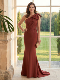 Satin Mermaid One Shoulder Bow Long Mother of the Bride Dresses with Lace