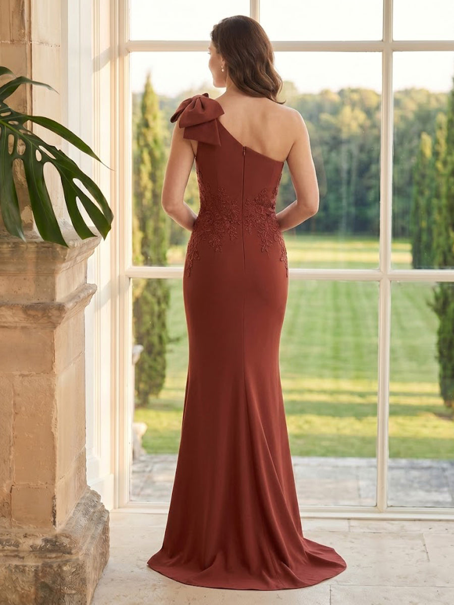 Satin Mermaid One Shoulder Bow Long Mother of the Bride Dresses with Lace