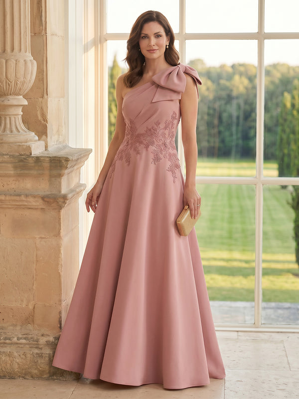 Satin A Line One Shoulder Long Mother of the Bride Dresses with Bow