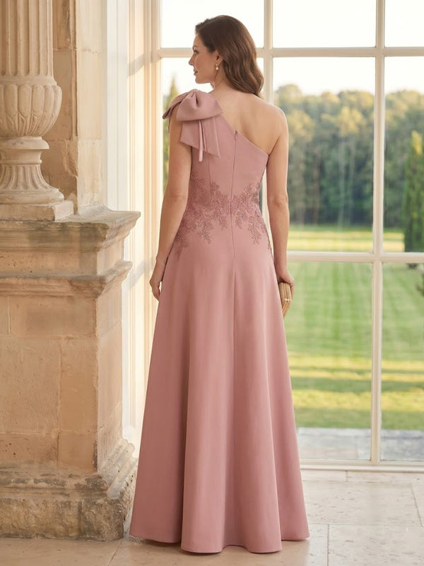 Satin A Line One Shoulder Long Mother of the Bride Dresses with Bow