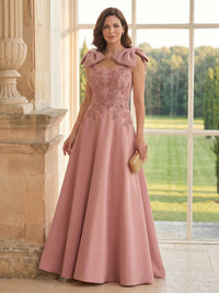 Satin A Line Spaghetti Straps Bow Long Mother of the Bride Dresses with Lace