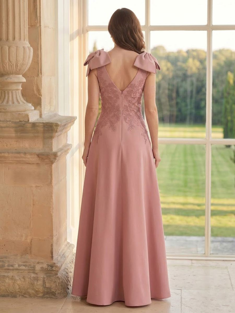 Satin A Line Spaghetti Straps Bow Long Mother of the Bride Dresses with Lace