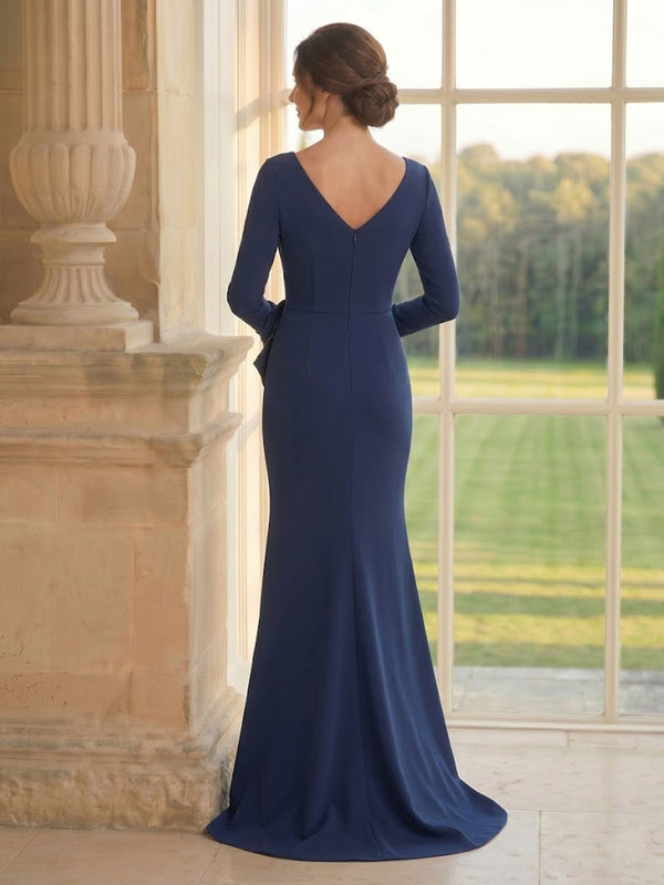 Satin Mermaid V Neck Long Sleeves Long Mother of the Bride Dresses with Slit