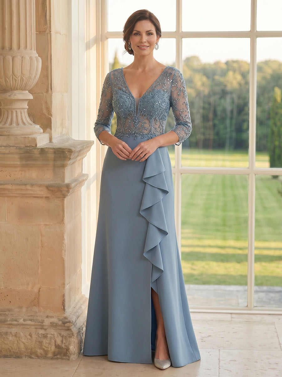 Satin Mermaid V Neck Long Sleeves Long Mother of the Bride Dresses with Lace