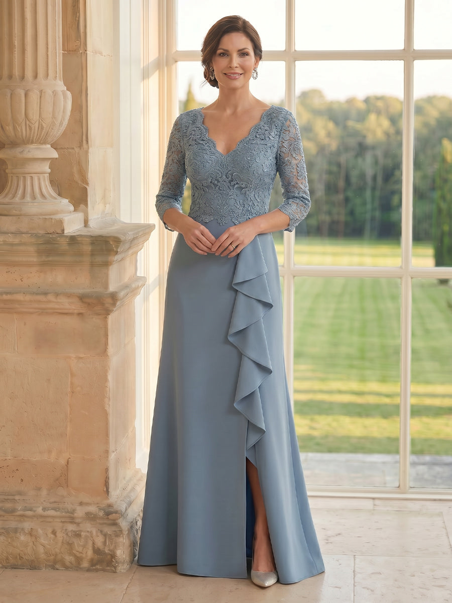 Satin Mermaid V Neck Long Sleeves Long Mother of the Bride Dresses with Slit
