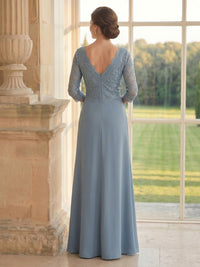 Satin Mermaid V Neck Long Sleeves Long Mother of the Bride Dresses with Slit