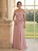 Satin A Line Off Shoulder Long Mother of the Bride Dresses with Slit