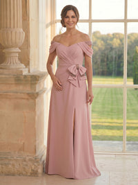 Satin A Line Off Shoulder Long Mother of the Bride Dresses with Slit