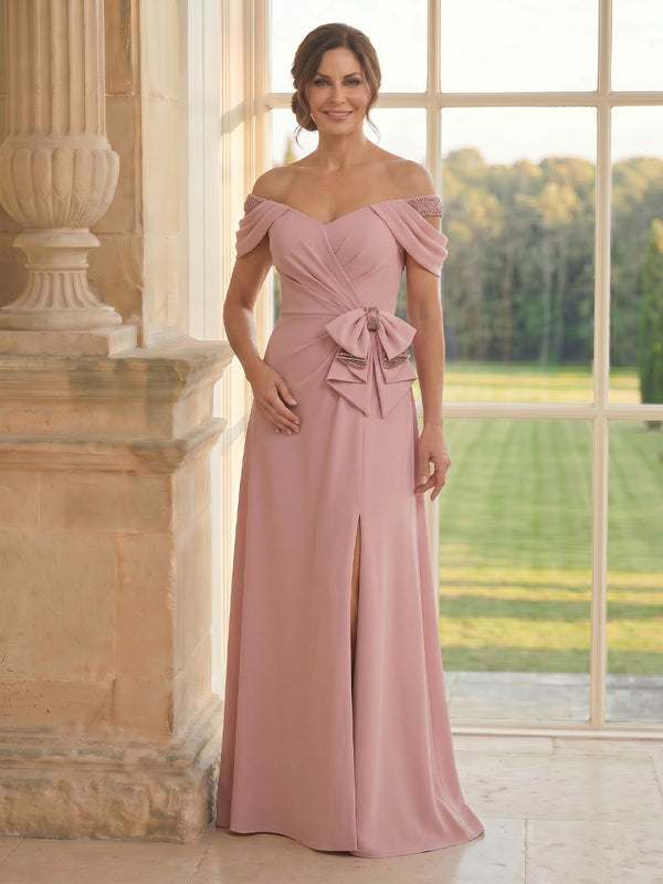 Satin A Line Off Shoulder Long Mother of the Bride Dresses with Slit
