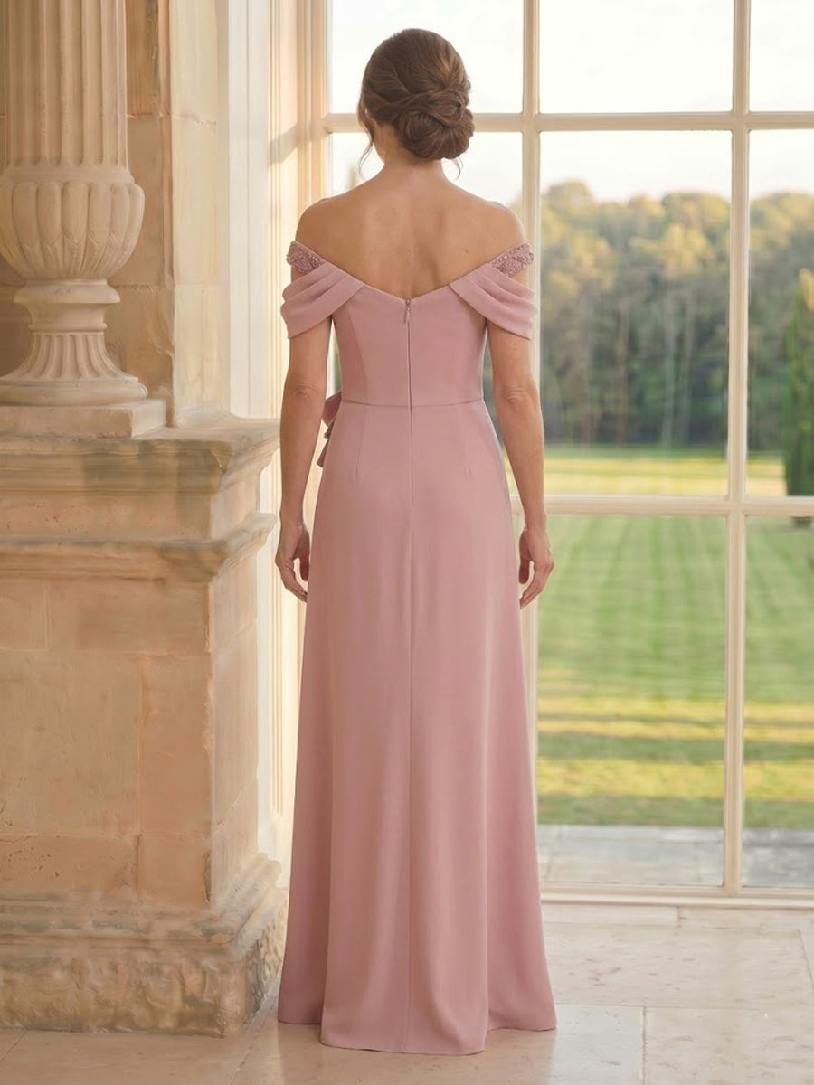 Satin A Line Off Shoulder Long Mother of the Bride Dresses with Slit