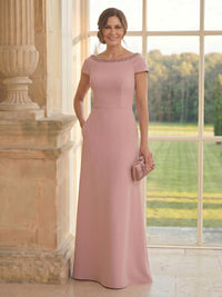 Satin Mermaid Short Sleeves Long Mother of the Bride Dresses with Beadings