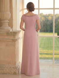 Satin Mermaid Short Sleeves Long Mother of the Bride Dresses with Beadings