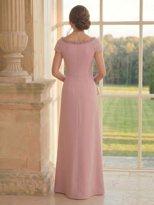 Satin Mermaid Short Sleeves Long Mother of the Bride Dresses with Beadings