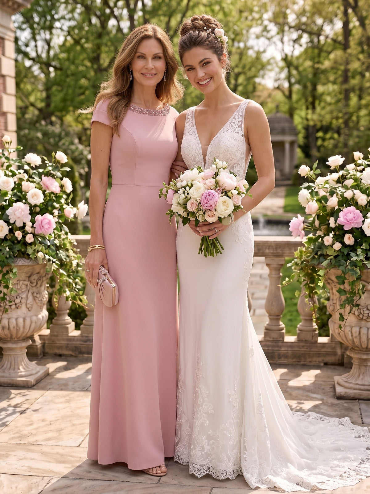 Satin Mermaid Short Sleeves Long Mother of the Bride Dresses with Beadings