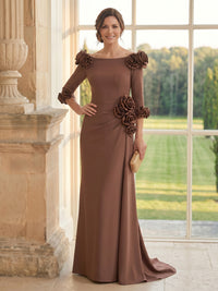Satin Mermaid Long Sleeves Long Mother of the Bride Dresses with 3D Flowers