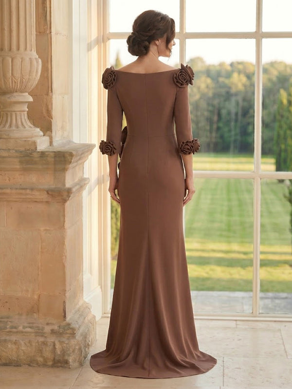 Satin Mermaid Long Sleeves Long Mother of the Bride Dresses with 3D Flowers