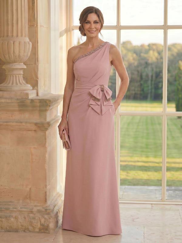 Satin A Line One Shoulder Long Mother of the Bride Dresses with Bow