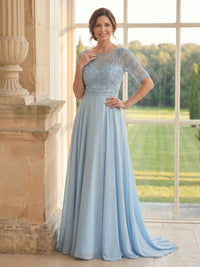 Chiffon A Line Short Sleeves Long Mother of the Bride Dresses with Lace