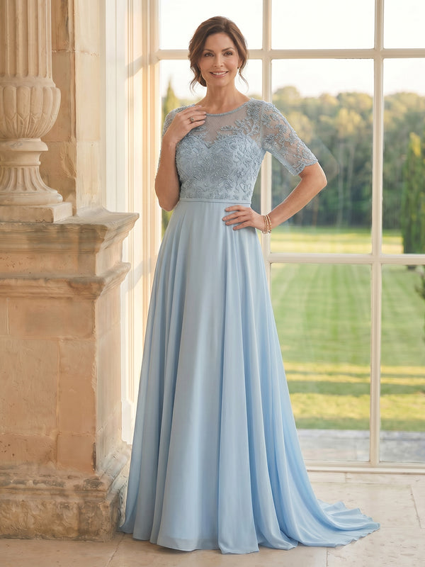 Chiffon A Line Short Sleeves Long Mother of the Bride Dresses with Lace