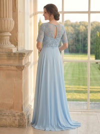 Chiffon A Line Short Sleeves Long Mother of the Bride Dresses with Lace