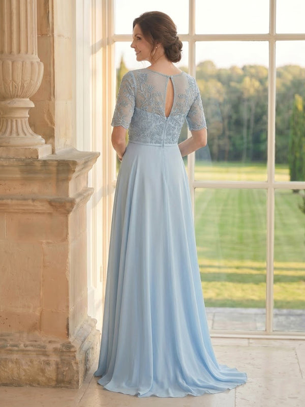 Chiffon A Line Short Sleeves Long Mother of the Bride Dresses with Lace