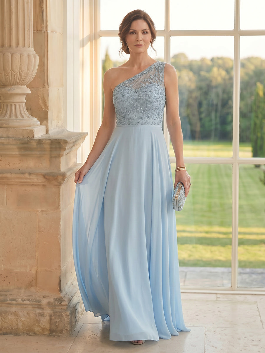 Chiffon A Line One Shoulder Long Mother of the Bride Dresses with Lace